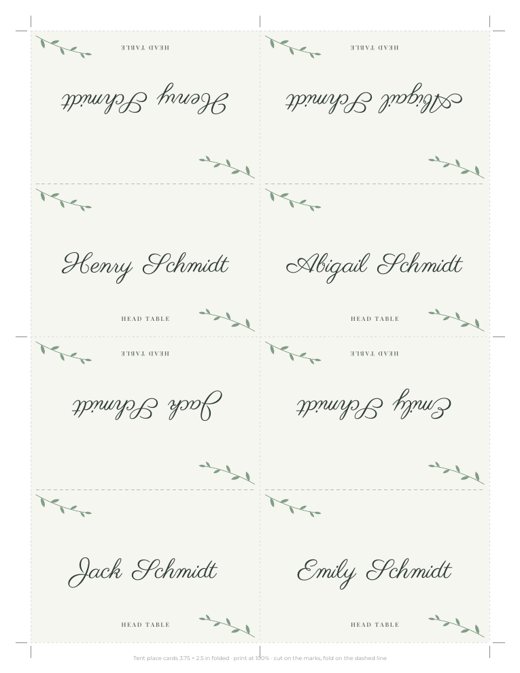 Sheet of folded tent place cards