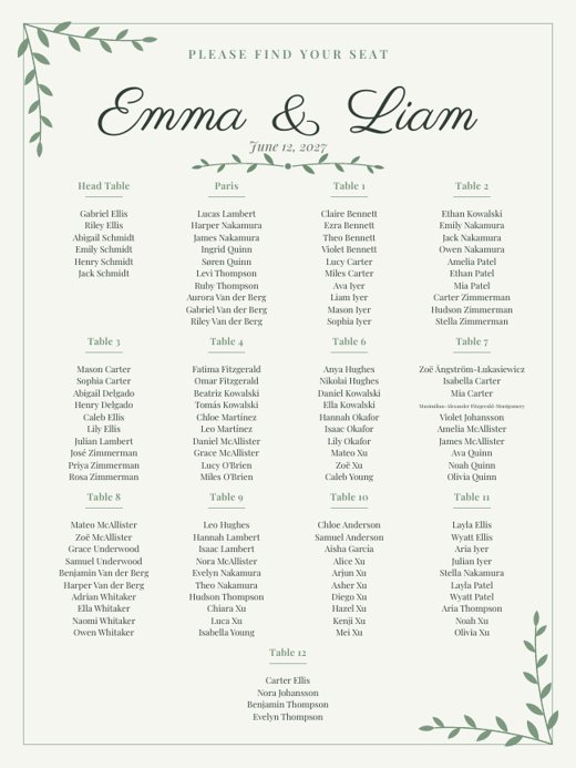 Sage Garden seating chart sign with botanical sprigs