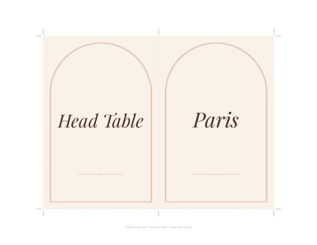 Table name cards in the terracotta arch design