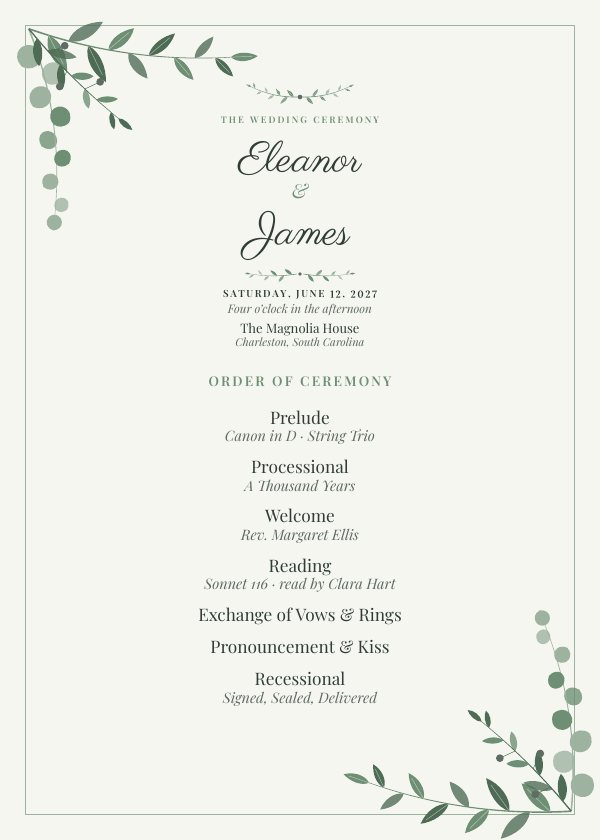 Ceremony program template in the Sage Garden design