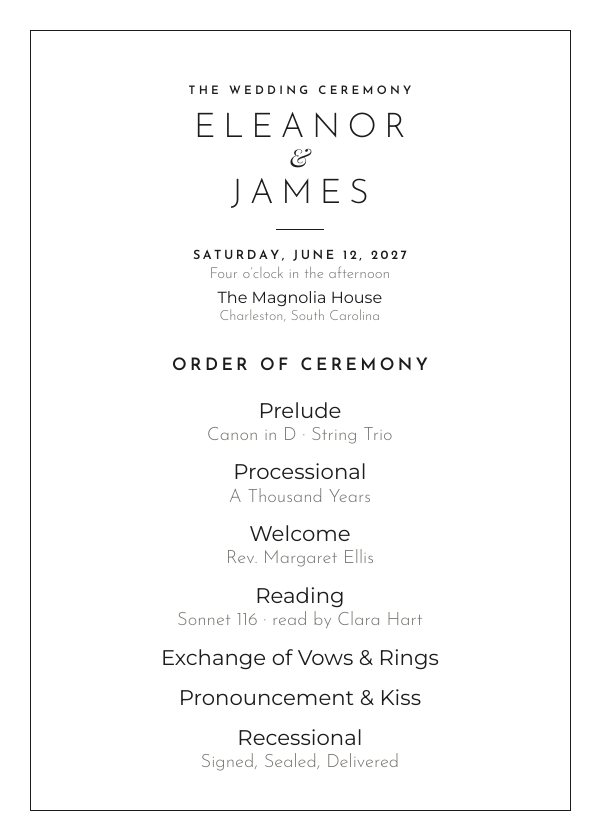 Ceremony program template in the Modern Minimal design