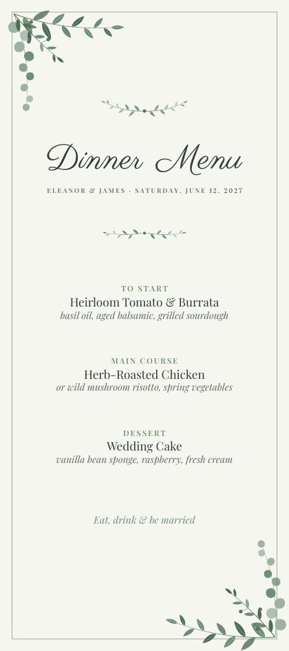 Dinner menu alternate format in Sage Garden
