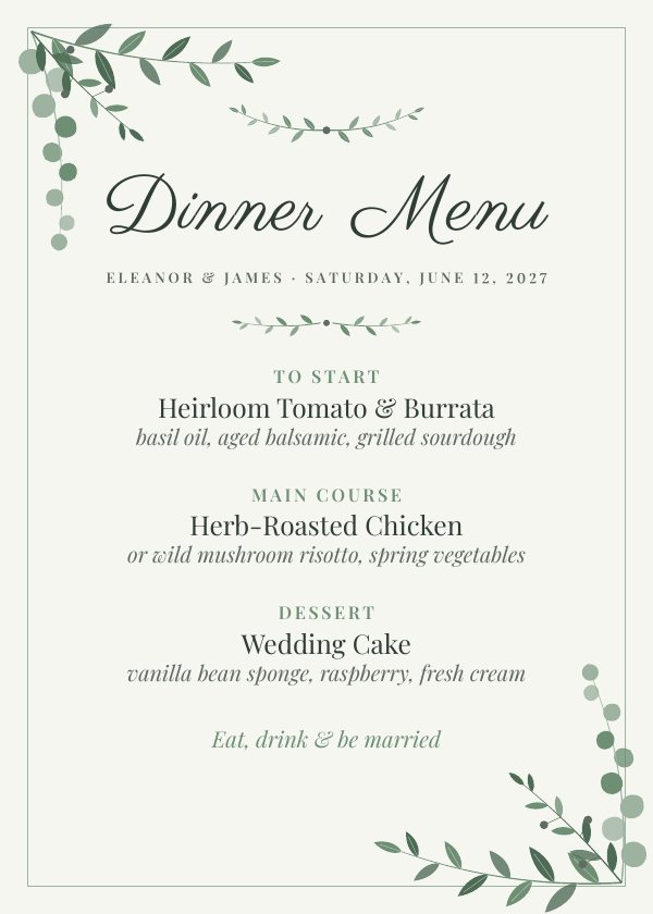 Sage Garden design — dinner menu