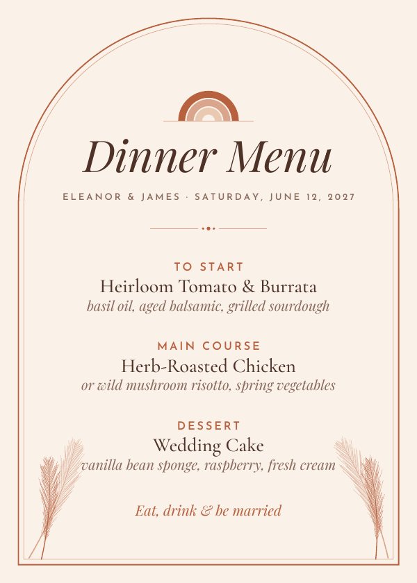 Terracotta Arch design — dinner menu